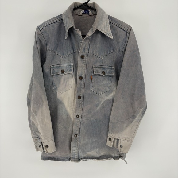 Vintage 70s Levi's Jean Shirt Jacket Orange Tab Western Denim Snap Up Men Medium - Picture 1 of 12